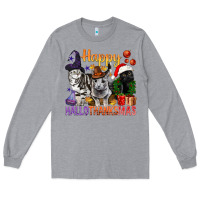 Heather Grey Happy Hallothanksmas Cats Long Sleeve Tee - BundleAndBundleShop