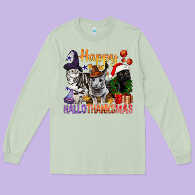 Happy Hallothanksmas Cats Long Sleeve Tee Designed By Bundleandbundleshop