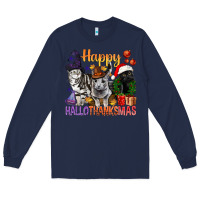 Navy Happy Hallothanksmas Cats Long Sleeve Tee - BundleAndBundleShop