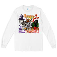 White Happy Hallothanksmas Cats Long Sleeve Tee - BundleAndBundleShop