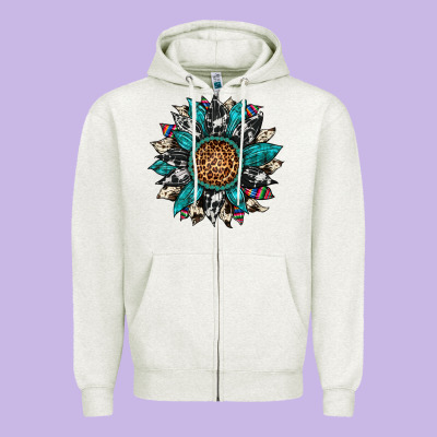 Cowhide Leopard Serape Gemstone  Sunflower Zipper Hoodie Designed By Artiststas