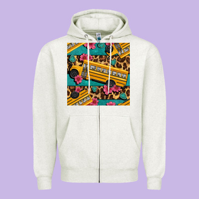 School Bus And Leopar Seamless Pattern Zipper Hoodie Designed By Bundleandbundleshop