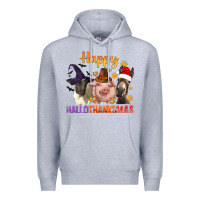 Heather Grey Happy Hallothanksmas Farm Animal Premium Hoodie - BundleAndBundleShop