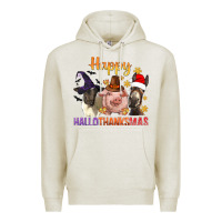Oatmeal Heather Happy Hallothanksmas Farm Animal Premium Hoodie - BundleAndBundleShop