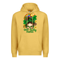 Antique Gold St. Patrick Messy Bun One Luck Mama With Clover Premium Hoodie - BundleAndBundleShop