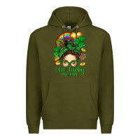 Army Green St. Patrick Messy Bun One Luck Mama With Clover Premium Hoodie - BundleAndBundleShop
