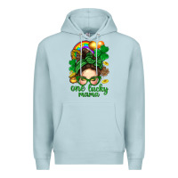 Blue Mist St. Patrick Messy Bun One Luck Mama With Clover Premium Hoodie - BundleAndBundleShop