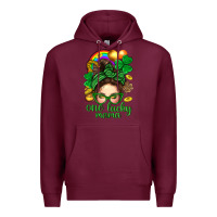 Burgundy St. Patrick Messy Bun One Luck Mama With Clover Premium Hoodie - BundleAndBundleShop