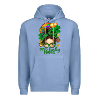 Colony Blue St. Patrick Messy Bun One Luck Mama With Clover Premium Hoodie - BundleAndBundleShop