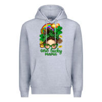 Heather Grey St. Patrick Messy Bun One Luck Mama With Clover Premium Hoodie - BundleAndBundleShop