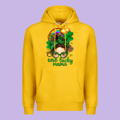 St. Patrick Messy Bun One Luck Mama With Clover Premium Hoodie Designed By Bundleandbundleshop