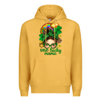 Mustard St. Patrick Messy Bun One Luck Mama With Clover Premium Hoodie - BundleAndBundleShop