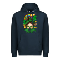 Navy St. Patrick Messy Bun One Luck Mama With Clover Premium Hoodie - BundleAndBundleShop