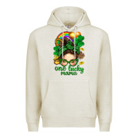 Oatmeal Heather St. Patrick Messy Bun One Luck Mama With Clover Premium Hoodie - BundleAndBundleShop