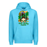 Ocean Blue St. Patrick Messy Bun One Luck Mama With Clover Premium Hoodie - BundleAndBundleShop