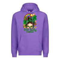 Purple St. Patrick Messy Bun One Luck Mama With Clover Premium Hoodie - BundleAndBundleShop