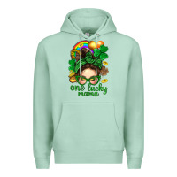 Seafoam St. Patrick Messy Bun One Luck Mama With Clover Premium Hoodie - BundleAndBundleShop