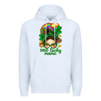 White St. Patrick Messy Bun One Luck Mama With Clover Premium Hoodie - BundleAndBundleShop