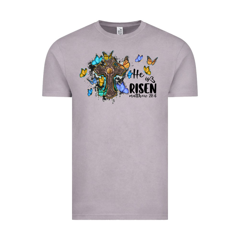 He Is Risen Matthew 28 6 Cross With Butterflies Cowhide Background Vintage Tee by BarkalooDesign | Teevron