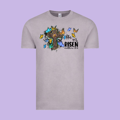 He Is Risen Matthew 28 6 Cross With Butterflies Cowhide Background Vintage Tee Designed By Barkaloodesign