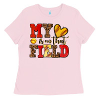 Bubblegum Pink my heart is on that field softball Ladies Tee - AdoDesignShop
