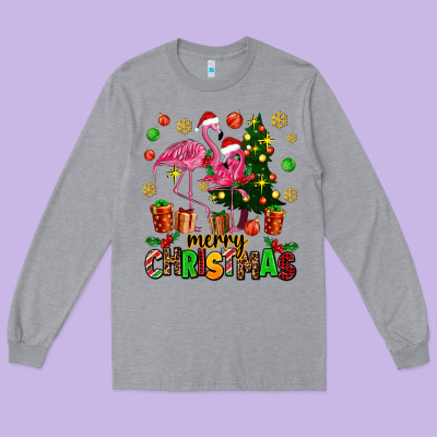 Flamingo Merry Christmas Long Sleeve Tee Designed By Adodesignshop
