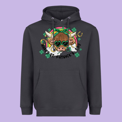 St. Patrick's Day Highland Cow Heavyweight Hoodie Designed By Maliassmallbusiness
