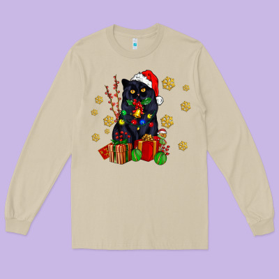 Black Cat Meowy Christmas Long Sleeve Tee Designed By Adodesignshop