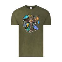 Vintage Olive cross with butterflies cowhide background Vintage Tee - BarkalooDesign