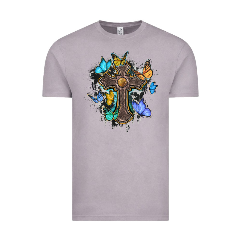 Cross With Butterflies Cowhide Background Vintage Tee by BarkalooDesign | Teevron