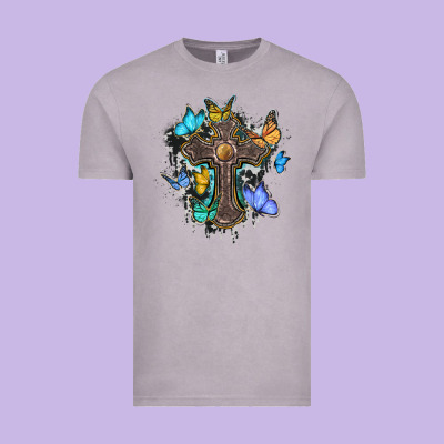 Cross With Butterflies Cowhide Background Vintage Tee Designed By Barkaloodesign