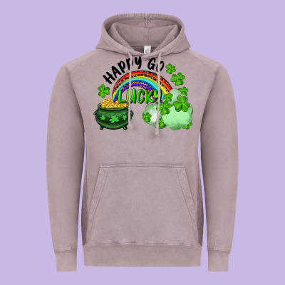 Vintage Hoodie Happy Go Lucky Rainbow Shamrocks And Pot Of Gold