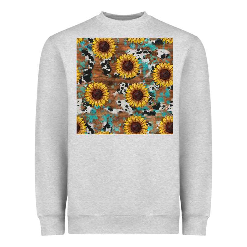 Western Sunflowers Turquoise Cowhide Seamless Background Heavyweight Sweatshirt by RanaPortraitStore | Teevron