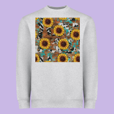 Western Sunflowers Turquoise Cowhide Seamless Background Heavyweight Sweatshirt Designed By Ranaportraitstore