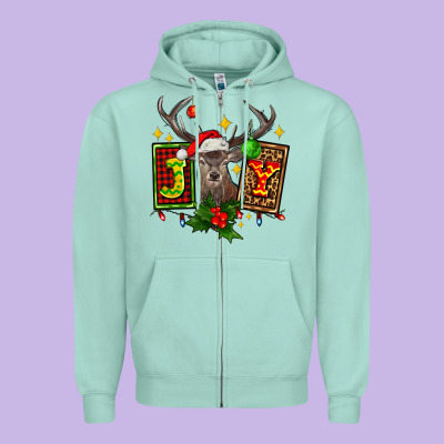 Joy With Reindeer Ado Zipper Hoodie Designed By Adodesignshop