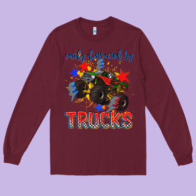 Easily Distracted By Trucks Long Sleeve Tee Designed By Adodesignshop