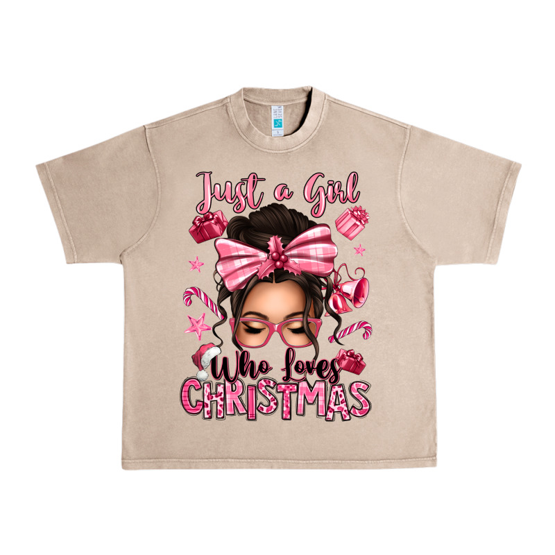 Just A Girl Who Loves Pink Christmas Messy Bun Urban Heavy Tee by texasbilliewilder | Teevron
