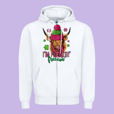 I'm Freakin Freezin Pink Christmas Long Haired Cow Zipper Hoodie Designed By Jasminsmagicworld