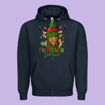 I'm Freakin Freezin Christmas Long Haired Cow Zipper Hoodie Designed By Jasminsmagicworld