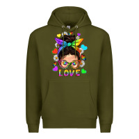 Army Green LGBTQ+ Messy Bun Mum Love With Hearts Premium Hoodie - BundleAndBundleShop