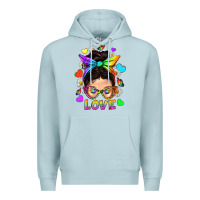 Blue Mist LGBTQ+ Messy Bun Mum Love With Hearts Premium Hoodie - BundleAndBundleShop