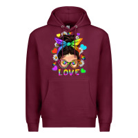 Burgundy LGBTQ+ Messy Bun Mum Love With Hearts Premium Hoodie - BundleAndBundleShop