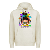 Oatmeal Heather LGBTQ+ Messy Bun Mum Love With Hearts Premium Hoodie - BundleAndBundleShop