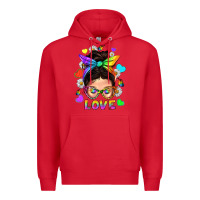 Red LGBTQ+ Messy Bun Mum Love With Hearts Premium Hoodie - BundleAndBundleShop