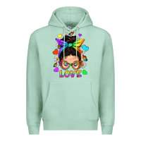 Seafoam LGBTQ+ Messy Bun Mum Love With Hearts Premium Hoodie - BundleAndBundleShop