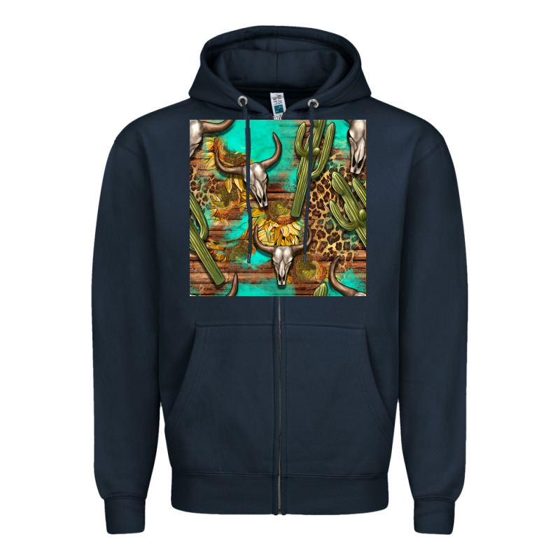 Western Bull Skull And Cactus Seamless Pattern Zipper Hoodie by BundleAndBundleShop | Teevron