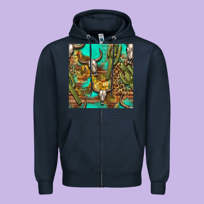 Western Bull Skull And Cactus Seamless Pattern Zipper Hoodie Designed By Bundleandbundleshop