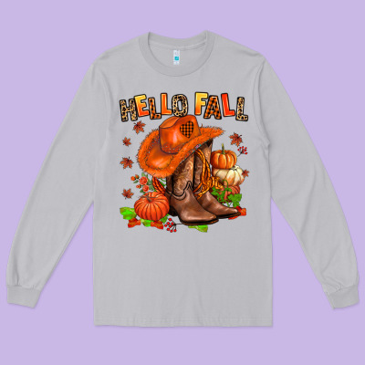 Hello Fall Pumpkins  Cowgirl  And Roses Long Sleeve Tee Designed By Adodesignshop