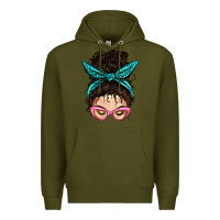 Army Green Messy Curly Bun Mom With Leopard Bandana Premium Hoodie - BundleAndBundleShop