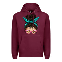 Burgundy Messy Curly Bun Mom With Leopard Bandana Premium Hoodie - BundleAndBundleShop